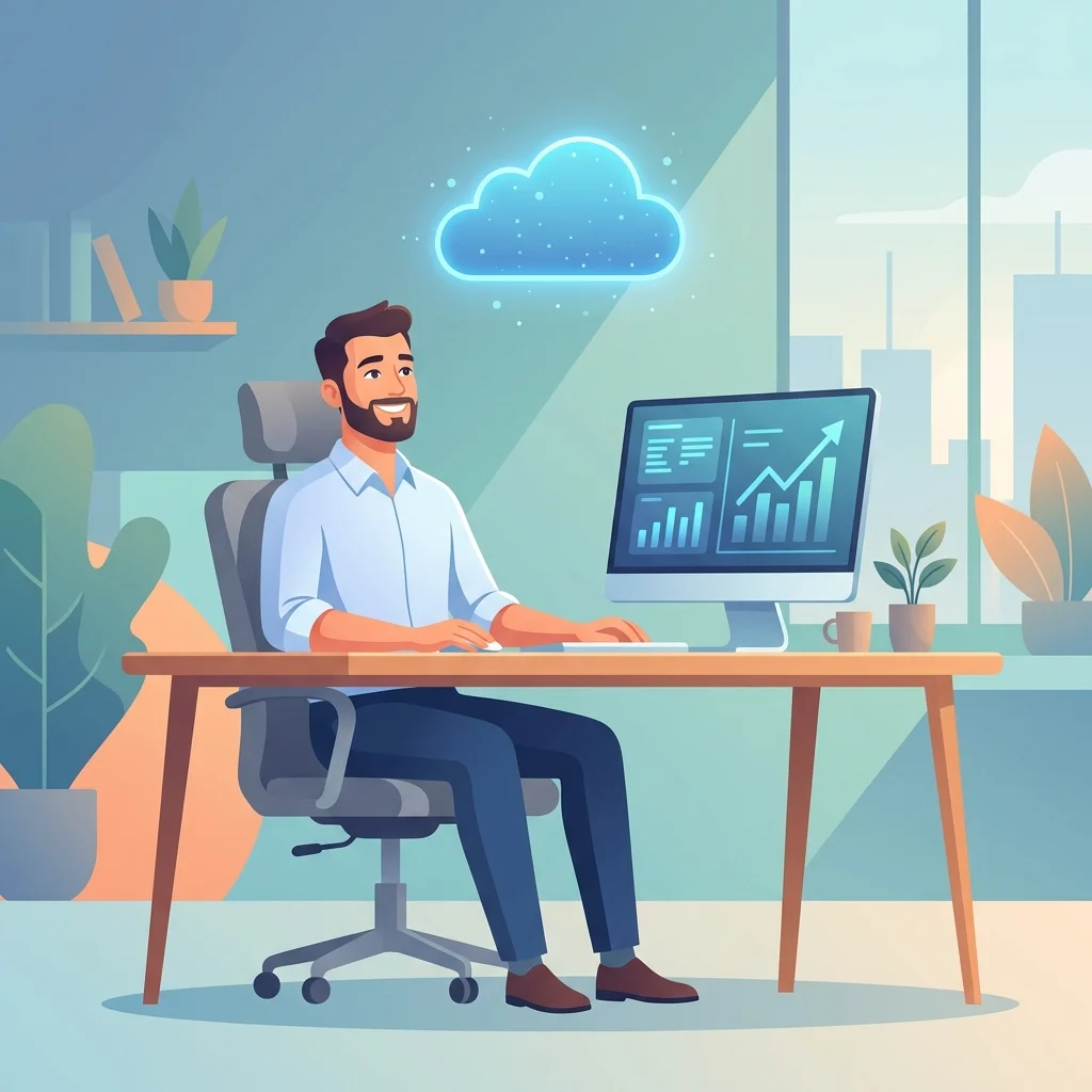 Relaxed office worker using cloud database solutions