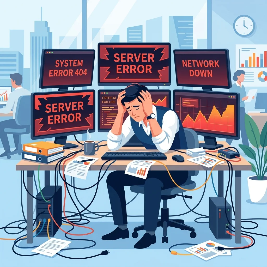 Stressed office worker with local server issues